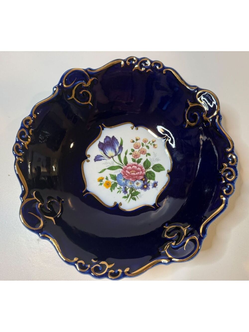 Vintage Porfin Cluj-Napoca Romania Cobalt Blue Floral Porcelain Bowl Gold Trim